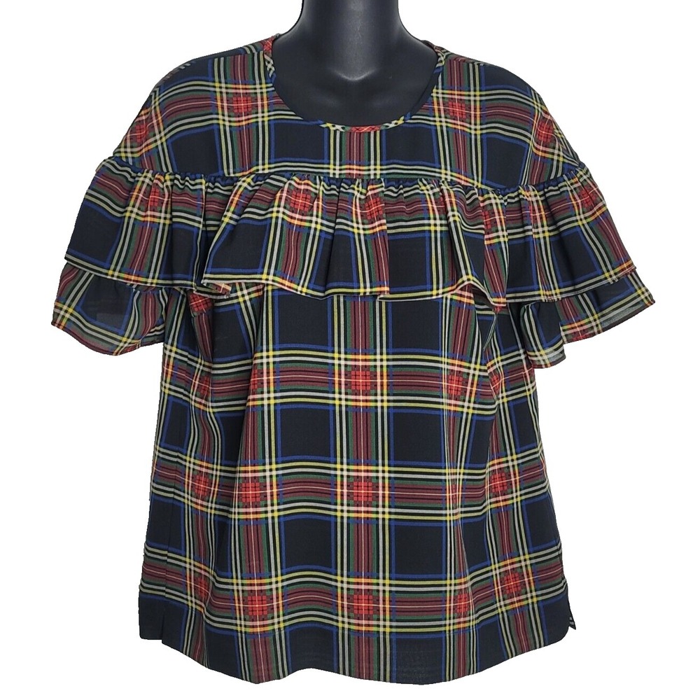 J Crew Womens 6 Blouse Plaid Black Tartan Ruffle Shirt Cotton Short Sleeve
